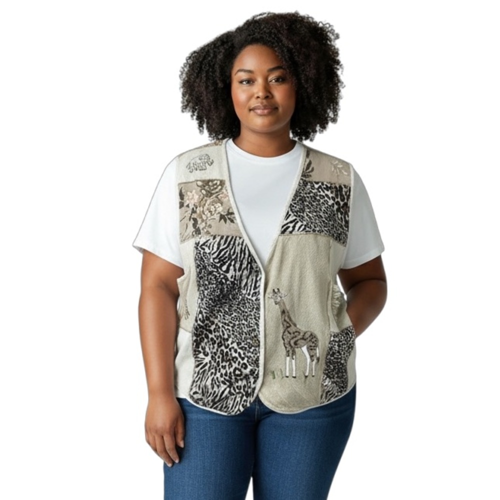 Tantrums Women’s Vest Vintage 90s Patchwork Cotton Safari Themed Sleeveless 3X